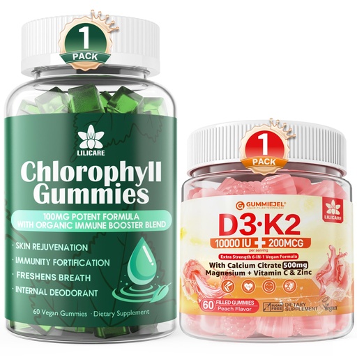 [BRSREHQBDMCWM3LV] LILICARE Chlorophyll Gummies + Vitamin D3 K2 Gummies 5000IU / 10,000 IU with 500mg Calcium