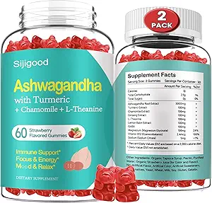 [BRSRAGAFCUPWOHY4] 2 Pack Ashwagandha Gummies with L-theanine, Ashwa Root Supplement Gummy for Women Men, 120 Strawberry Flavored Gummies