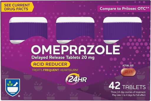 [BRSWGHA7CUMGYEQZ] Rite Aid Acid Reducer Omeprazole Delayed Release Tablets - 20 mg, 3 Bottles, 14 Count Each (42 Count Total), Unflavored, Heartburn Relief, Heartburn Medicine, Treats Frequent Heartburn