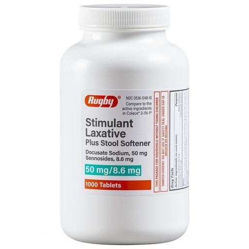 [BRSRMHD7CQMBM3LU] Rugby Stimulant Laxative Plus Stool Softener - Docusate Sodium, 50 mg - Sennosides, 8.6 mg - 1000 Tablets