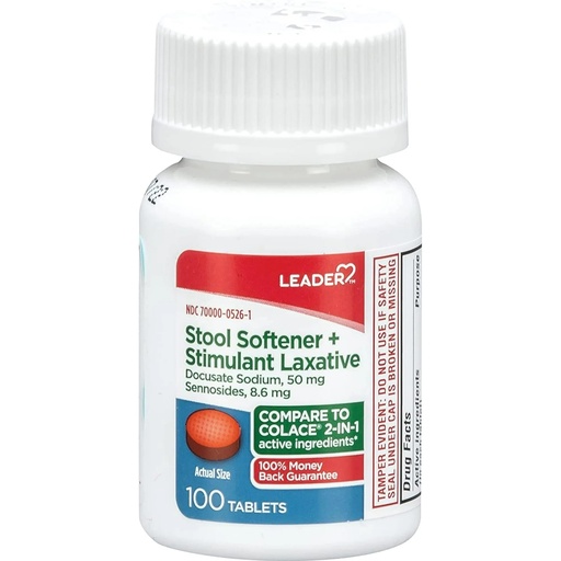 [BRSWYZATOUJWCYDA] Leader 2-in-1 Stool Softener & Stimulant Laxative, Docusate Sodium 50mg, Sennosides 8.6 mg, Gentle Occasional Constipation Relief for Adults, Both Men & Women, & Children Ages 6+, 100 Tablets