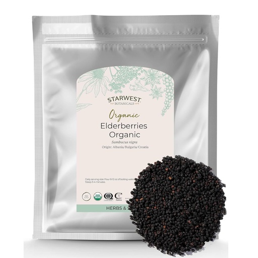 [BRSWICANBRYBGHI5] Starwest Botanicals Organic Elderberries for Tea, Non-GMO - Bulk 1 lb Bag | Dried Elderberries for Syrup, Gummies, & Jam, Certified Kosher