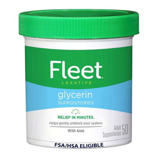 [BRSWIYQYOVYAAEQ5] Fleet Glycerin Suppositories for Constipation Relief, Fast and Effective Stimulant-Free Laxative with Aloe Vera, 50 Count Jar