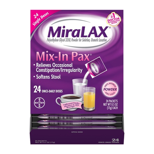 [BRSRAYIEDMJWGGT7] MiraLAX Gentle Constipation Relief Laxative Powder, Stool Softener with PEG 3350, No Harsh Side Effects, 1 Doctor & OBGYN Recommended, Single Dose Mix-in Pax, Travel Pack, 24 Dose
