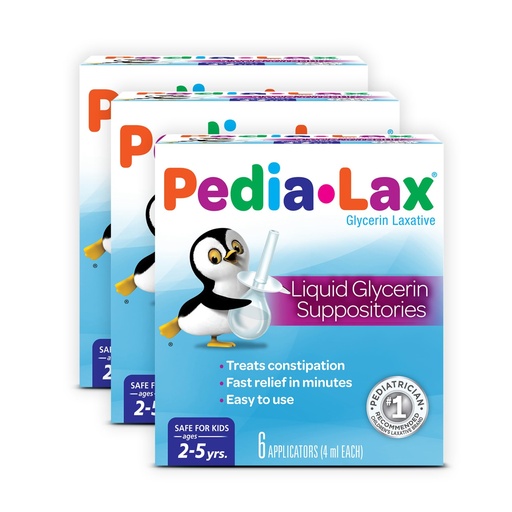 [BRSWGZYEBYPAKHY6] Pedia-Lax Liquid Glycerin Suppositories for Kids Ages 2-5, Gentle Constipation Relief Laxative for Children, 6 Count, Pack of 3