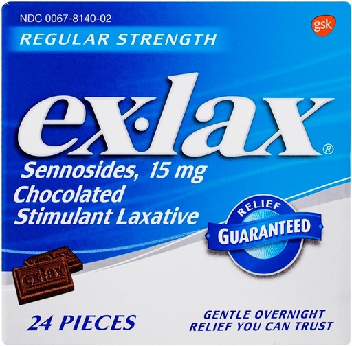 [BRSWIAIQCIGBSADO] Ex-Lax Regular Strength Stimulant Laxative, Sennosides 15 mg, Chocolated Laxative for Gentle Overnight Relief, 24 Pieces (Pack of 2)