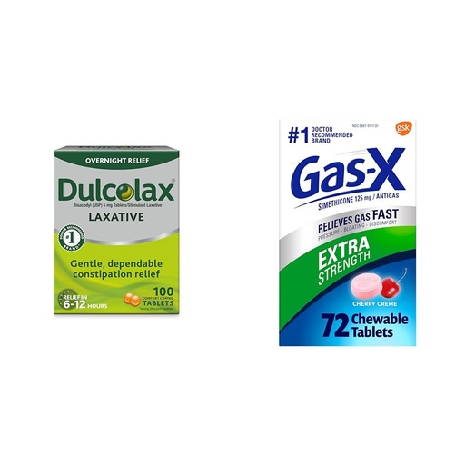 [BRSROBQCC4HBUELK] Dulcolax Stimulant Laxative Tablets (100 Count) Gentle Overnight Constipation Relief, Bisacodyl 5mg & Gas-X Extra Strength Chewable Gas Relief Tablets with Simethicone 125 mg