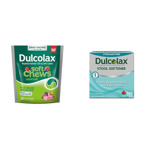[BRSRAYYYBADWACL2] Dulcolax Soft Chews Saline Laxative Mixed Berry (60ct) 1200mg + Stool Softener Liquid Gel Capsules (100ct) 100mg