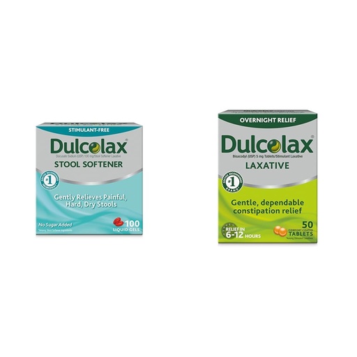 [BRSROBQEAEOQEH3V] Dulcolax Stool Softener Laxative Liquid Gel Capsules (100ct) for Gentle Relief, Docusate Sodium 100mg & Overnight Relief Laxative for Gentle Constipation Relief, Bisacodyl 5 mg Tablets, 50 Count