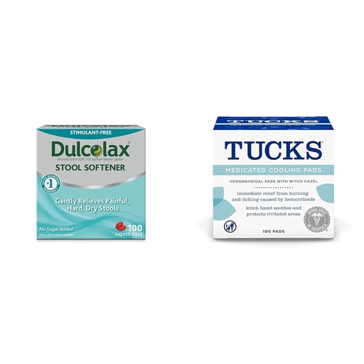 [BRSROBQEBV5Q4FLF] Dulcolax Stool Softener Laxative Liquid Gel Capsules (100ct) for Gentle Relief, Docusate Sodium 100mg & Tucks Medicated Cooling Pads, 100 Count – Pads with Witch Hazel, Cleanses Sensitive Areas