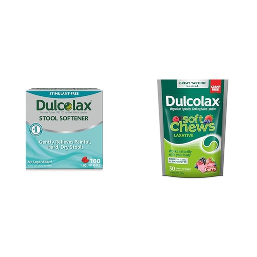 [BRSRAYAKCUFWK2TO] Dulcolax Stool Softener Laxative Gel Capsules (100ct) Soft Chews Saline Laxative Mixed Berry (30ct) Constipation Relief Bundle