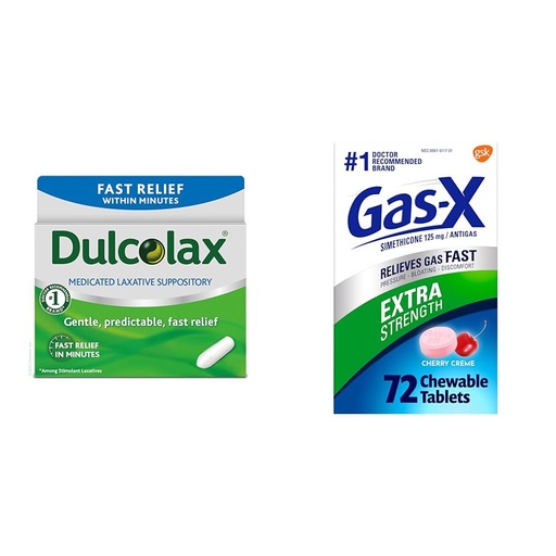 [BRSROAINOEFQACLL] Dulcolax Fast Relief Medicated Laxative Suppositories Fast Relief & Gas-X Extra Strength Chewable Gas Relief Tablets with Simethicone 125 mg for Bloating Relief, Cherry - 72 Count