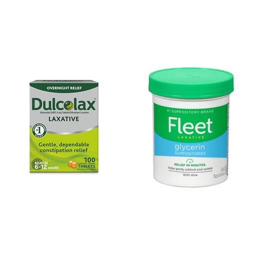[BRSROBQCCF6RM3L6] Dulcolax Stimulant Laxative Tablets (100 Count) Gentle Overnight Constipation Relief & Fleet Laxative Glycerin Suppositories for Adult Constipation, Adult Laxative Jar Aloe Vera, 50 Count