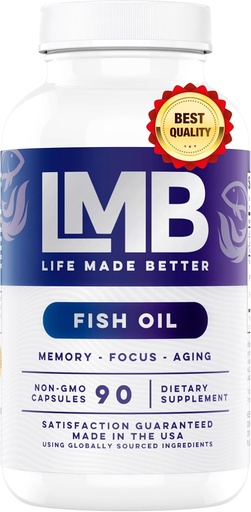 [BRSRM2YBBECA2HYU] Wild Caught Omega 3 Fish Oil 3000mg - Triple Strength Burpless DHA 900mg + EPA 1200mg Non-GMO - Enteric Coated with No Aftertaste - LMB (90 Soft Gels)