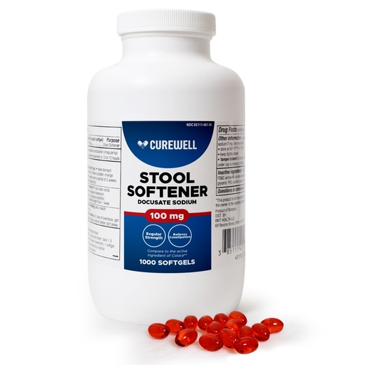 [BRSRGZL4B4PAM2DK] Stool Softener Docusate Sodium 100mg Softgels (1000 Count) | Gentle Non-Stimulant Laxative for Constipation & Irregularity | Comfortable Constipation Relief Stool Softener for Men & Women