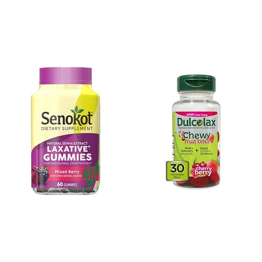 [BRSROAINOQNWEET4] Senokot Dietary Supplement Laxative Gummies, Natural Senna Extract & Dulcolax Chewy Fruit Bites, Saline Laxative, Cherry Berry (30ct) Cramp-Free Constipation Relief
