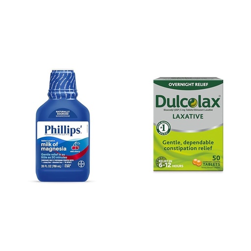 [BRSROBQCCAOWGE34] Phillips' Milk of Magnesia Liquid Laxative, Wild Cherry Flavor & Dulcolax Overnight Relief Laxative for Gentle Constipation Relief, Bisacodyl 5 mg Tablets, 50 Count
