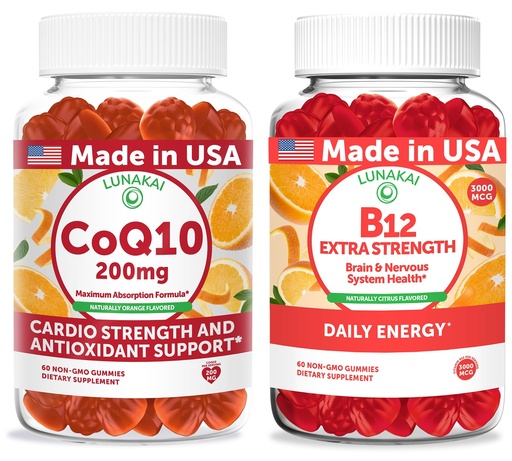 [BRSREAYCOZ5BYYLF] Lunakai USA Made CoQ10 200mg + B12 Extra Strength 3000mcg Gummies Bundle – Naturally Flavored, Non-GMO – 60ct Each