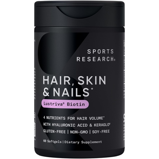 [BRSRGC3YBAMQ233J] Sports Research® Hair, Skin & Nails Complex - Supports Hair Growth, Glowing Skin & Strong Nails - w/Lustriva® Biotin, Collagen, Hyaluronic Acid & KeraGLO® Keratin - Non-GMO, Gluten-Free, 60 Softgels