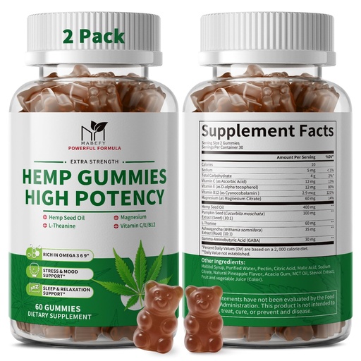 [BRSRGZQ5CRYR6F3A] 2 Pack Hemp Gummies for Sleep, Stress, Relax & Calm, High Potency Extra Strength with Magnesium, Vitamins, Pumpkin Seed, Ashwagandha, GABA, L-Theanine, Pineapple Flavor, 120 Bears Gummies, Vegan