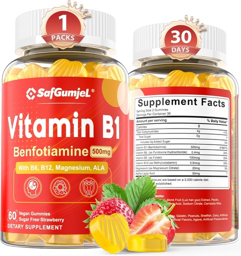 [BRSRAZI7AEMQ2H35] Chất béo B1 Gummies Benfotiamine 500mg với vitamin B6 B9 B12 & Magenium cho Nerve Health, năng lượng & Metabolism Hỗ trợ đường miễn phí, không GMO, Vegan, 60 Counts