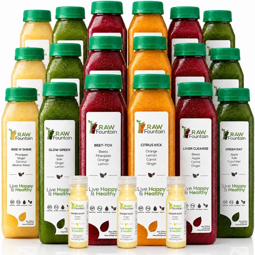 [BRSWECQDAQCG22Y6] 3 Day Juice Cleanse by Raw Fountain, All Natural Raw Detox Cleanse, Cold Pressed Juice Fast, Great Way to Jumpstart a Healthy Diet, Kosher, Vegan, NO Sugar Added, 18 Bottles 12oz, 3 Ginger Shots 2oz