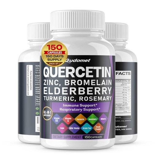 [BRSRAZT4PN5RYALB] Quercetin Bromelain Zinc Vitamin D3 Elderberry Turmeric Rosemary Bilberry Sage Odorless Garlic Green Tea Milk Thistle Oregano -150 Capsules