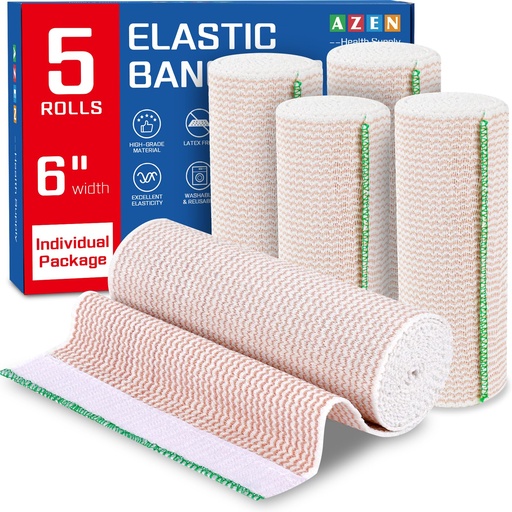[BRSROEIFOAFBAHLP] AZEN Premium 5 Pack Elastic Bandage Wrap 6 Inch, Compression Wrap Bandage for Legs, Ankle, Knee, Tummy, Body, Latex-Free, Lymphedema Wraps for Legs