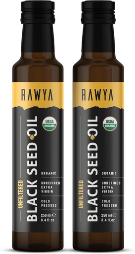 [BRSRAAIYOQMBAYLO] RAWYA Black Seed Oil - Organic Cold Pressed Nigella Sativa - Turkish Origin - USDA Organic - Natural Supplement - Black Cumin Seed Oil - Rich Flavor & High Concentration - 2 PACK - 250ml Glass Bottle