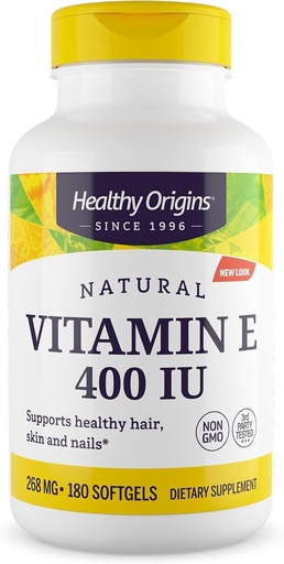 [BRSWIEDZDIMQE3Q7] Healthy Origins Vitamin E 400 IU (Natural, Non-GMO, Gluten Free, Skin Support, Cardiovascular Support), 180 Softgels