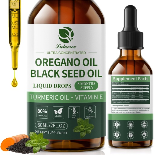 [BRSREYAPBAJRQALO] Oil of Oregano Drops with Black Seed Oil, Turmeric Oil, Vitamin E & Olive Oil Based, Immune Digestive Cleanse & Detox*, 80% Carvacrol Cold-Pressed Natural Aceite de Oregano, 2 Fl Oz, 8 Month Supply