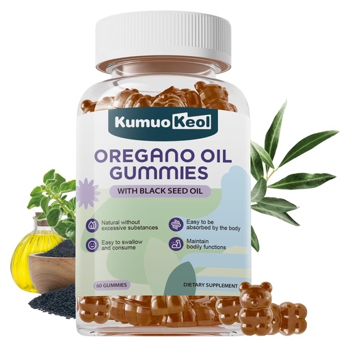 [BRSRE2QLOEPAK3TJ] Oil of Oregano with Black Seed Oil Gummies, Oregano Oil Gummies, Black Seed Oil Supplements with Elderberry, Olive Leaf, Zinc, Vitamin D3, Vitamin E, Immune Digestive Support, Vegan Non GMO, 60 Counts