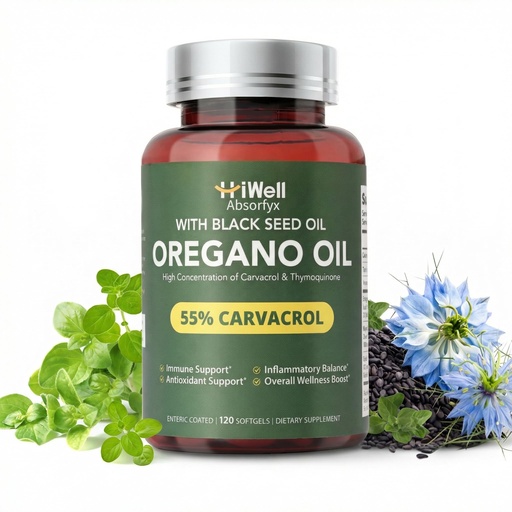 [BRSREZI3OEJRSA3O] HiWell Absorfyx Oil of Oregano with Black Seed Oil & Vitamin D3 — 55% Carvacrol, 30,000mg Oregano Leaf Equivalent, Delayed-Release Softgels for Immune, Respiratory Support, 120 Softgels, 60-Day Supply