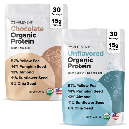 [BRSRMATRBABAACDD] Complement Organic Vegan Protein Powder Bundle – Unflavored & Chocolate (30 Servings Each) | Low Carb, Low Calorie, Sugar Free, Soy Free, Non-GMO, Gluten Free | 15g Plant-Based Protein Per Serving