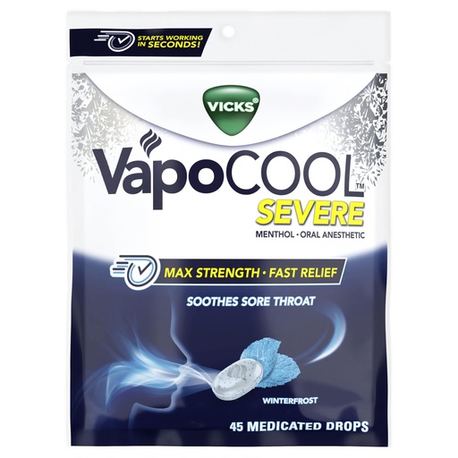 [BRSWGFIZDEIGGDY7] Vicks VapoCool Severe Medicated Sore Throat Drops, Max Strength Menthol, Soothes Sore Throat Pain, Winterfrost Flavor, 45ct