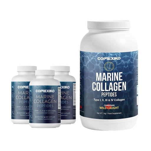 [BRSWYBTYBAHRMELG] CORREXIKO Marine Collagen Supplement Pills & Powder Bundle 3 Month Supply - Includes 10,000mg Double Hydrolyzed Collagen Powder 1kg & 1800mg Collagen Peptides 360 Capsules - for Hair, Skin & Nails