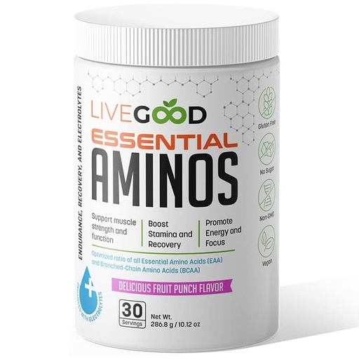 [BRSRGAIRBEIB4ALF] LIVEGOOD Essential Aminos | Essential Amino Acid Formula with BCAAs & Electrolytes | Lean Muscle Support, Recovery & Stamina | Sugar Free, Caffeine Free, Vegan | Fruit Punch