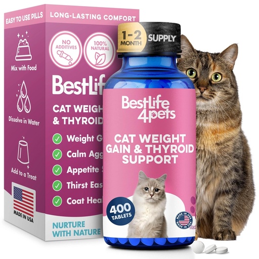 [BRSW2GQFPN6BGDL7] Cat Weight Gainer & Thyroid Support – Natural Appetite Stimulant for Cats, Underweight Kittens or Senior Cats Showing Restlessness and Poor Coat – 400 Odorless Pills Help Improve Daily Eating