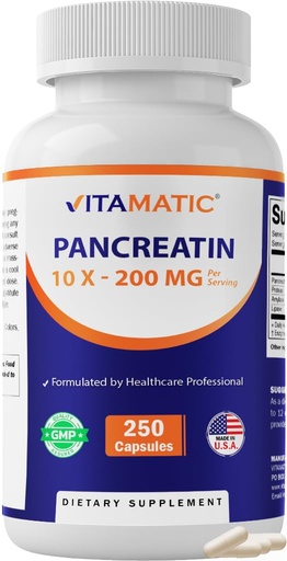 [BRSRGADYAEOWC3A7] Vitamatic Pancreatin 10X Digestive Enzymes – 250 Capsules – Made with Protease 50,000 USP, Amylase 50,000 USP & Lipase 4,000 USP – Supports Protein, Carb & Fat Digestion – Non-GMO – Made in USA