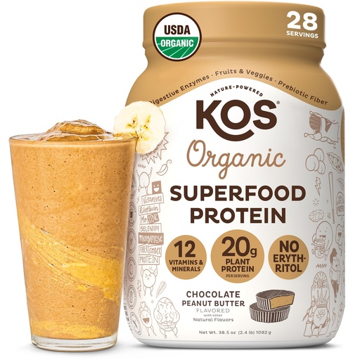 [BRSROGDQCUDRA2DV] KOS Organic Plant Based Protein Powder, Chocolate Peanut Butter - Delicious Vegan Protein Powder Meal Replacement - Keto Friendly, Gluten Free, Dairy Free & Soy Free - 2.4 lbs, 28 Servings