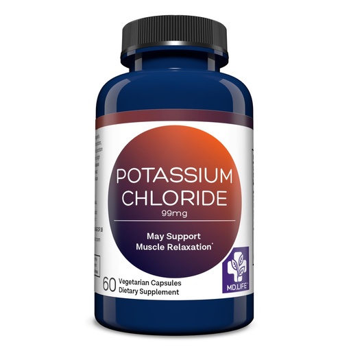 [BRSRGYATBENGEFLU] MD Life Potassium Chloride Supplement - Third Party Lab Tested - 99mg 60 Count - Vegetarian Potassium Chloride Capsules - May Help Support Muscle Function & Healthy Blood Pressure