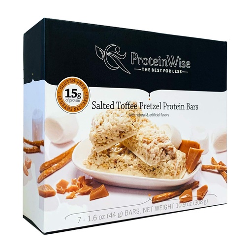 [BRSWYYYHDMCGAHTB] PROTEINWISE - Salted Toffee Pretzel Protein Bars, High Fiber, High Protein Low Carb Snacks for Weight Loss – Healthy Snack Bars, Low Calorie, Diet-Friendly, Trans Fat-Free, 7 Servings/Box