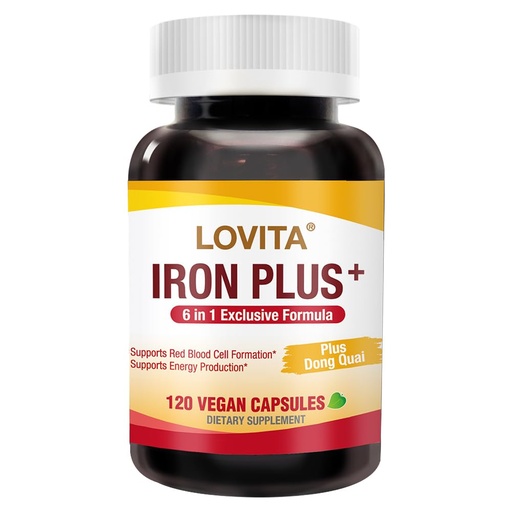 [BRSRGHYTA5YAGYA2] LOVITA Iron Plus, 18 mg, 6 in 1 for Women, Vitamin C, Dong Quai & B12, Support Red Blood Cell Production Without Constipation, 120 Vegan Capsules