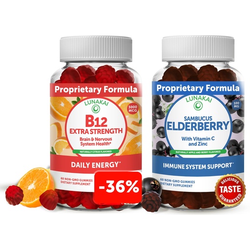 [BRSW2HALBUFBSYLP] Lunakai Vitamin B12 and Elderberry Gummies Bundle - 3000 mcg Gummy for Adults Energy Support and Bone Health - Immune Support Supplement with Zinc and Vitamin C