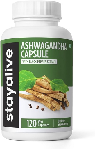 [BRSROCQ5A4BW2YD6] STAY ALIVE Ashwagandha with Black Pepper, 10:1 Extract, 120 Pills, 100% Pure Root Powder, Extra Strength Capsules, Non-GMO & Gluten Free Ashwagandha Supplements for Women and Men