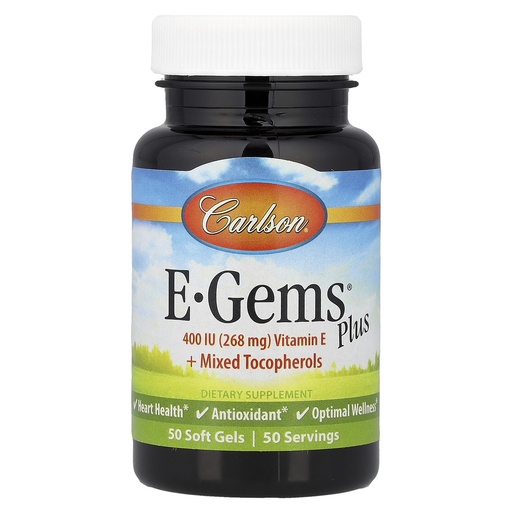 [BRSWIEIYOQJWGET6] Carlson - E-Gems Plus, 400 IU (268 mg), Natural-Source Vitamin E, Optimal Wellness, 50 Soft Gels