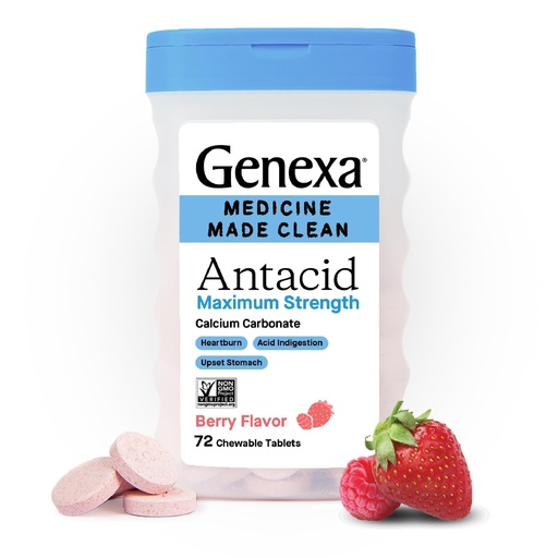 [BRSWGBITCUIGKAIZ] Genexa 3 Pack Clean Antacid Chewable Tablets | Maximum Strength Calcium Carbonate for Heartburn, Acid Indigestion & Upset Stomach Relief | Dye Free, 0% Artificial Additives | Berry Flavor, 216ct