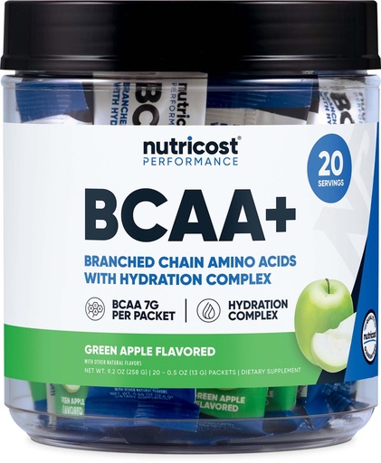 [BRSRAZIHCIBBSA36] Nutricost BCAA+ Hydration Green Apple Flavored (20 Stickpacks) - Branched Chain Amino Acids with Hydration Complex - Gluten-Free, Non-GMO