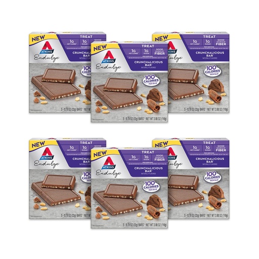 [BRSRMAAQCJ4AEALL] Atkins Endulge, Crunchalicious Bar, 1g Net Carbs, 1g Sugar, Good Source of Fiber, 5 Count (Pack of 6)
