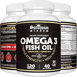 [BRSW2GQ2CMJWACD7] SOLOMON WISDOM Omega 3 Fish Oil - Dietary Supplement for Healthy Heart & Brain - 120 Soft Gel Capsules with High EPA 1200mg & DHA 900mg - Burpless, Odorless with Natural Lemon Flavor